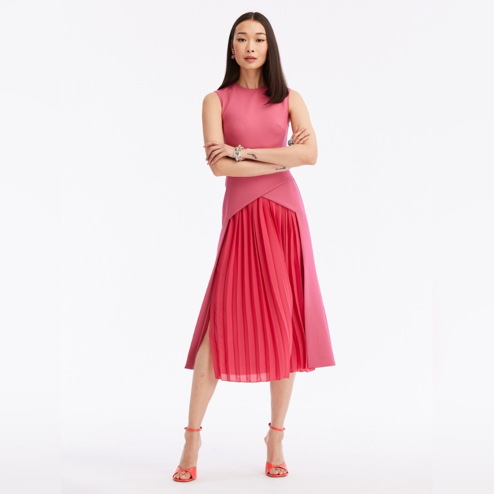 $2,899 NEW OSCAR DE LA RENTA GERANIUM PINK WOOL PLEADED DRESS US 8
